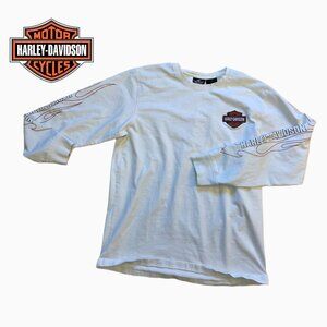 Harley-Davidson Heavyweight Long Sleeve Tee – White, Flames & Logo Design